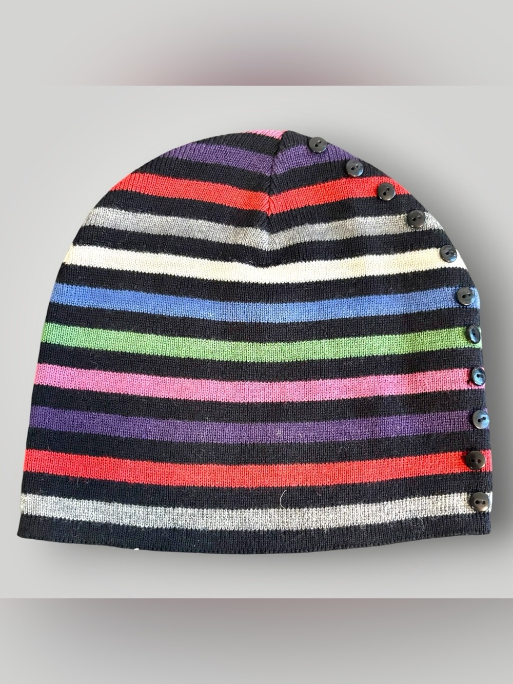 Steve Madden Multicolor Striped Knit Beanie Hat Button Detail